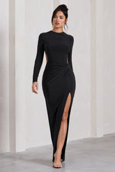 Black Long-Sleeved Open-Back Wrap Maxi Dress